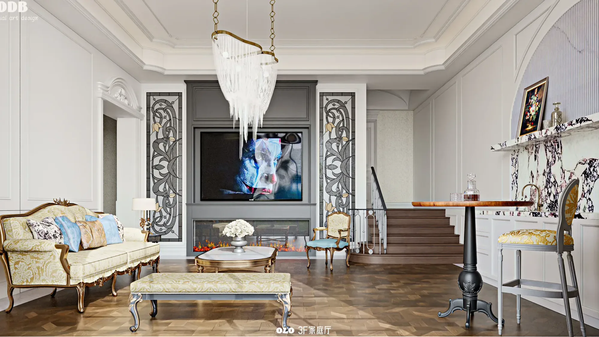Feature wall clad in modular wall panels in a luxury living space