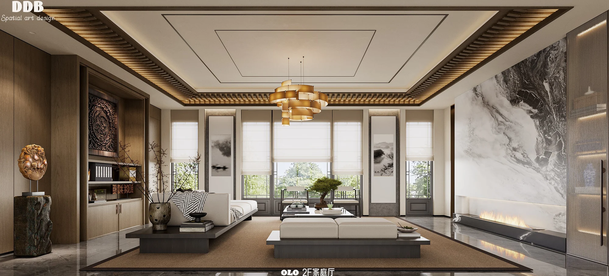 The same room fully furnished and styled — sofas, chandelier, and décor