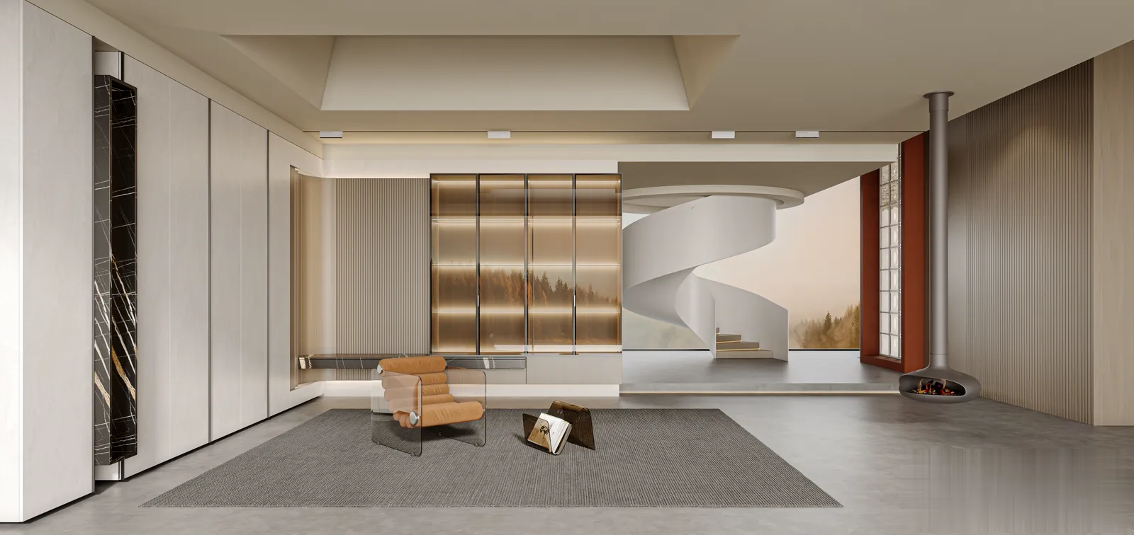 Warm-toned custom cabinetry wall with glass display cases