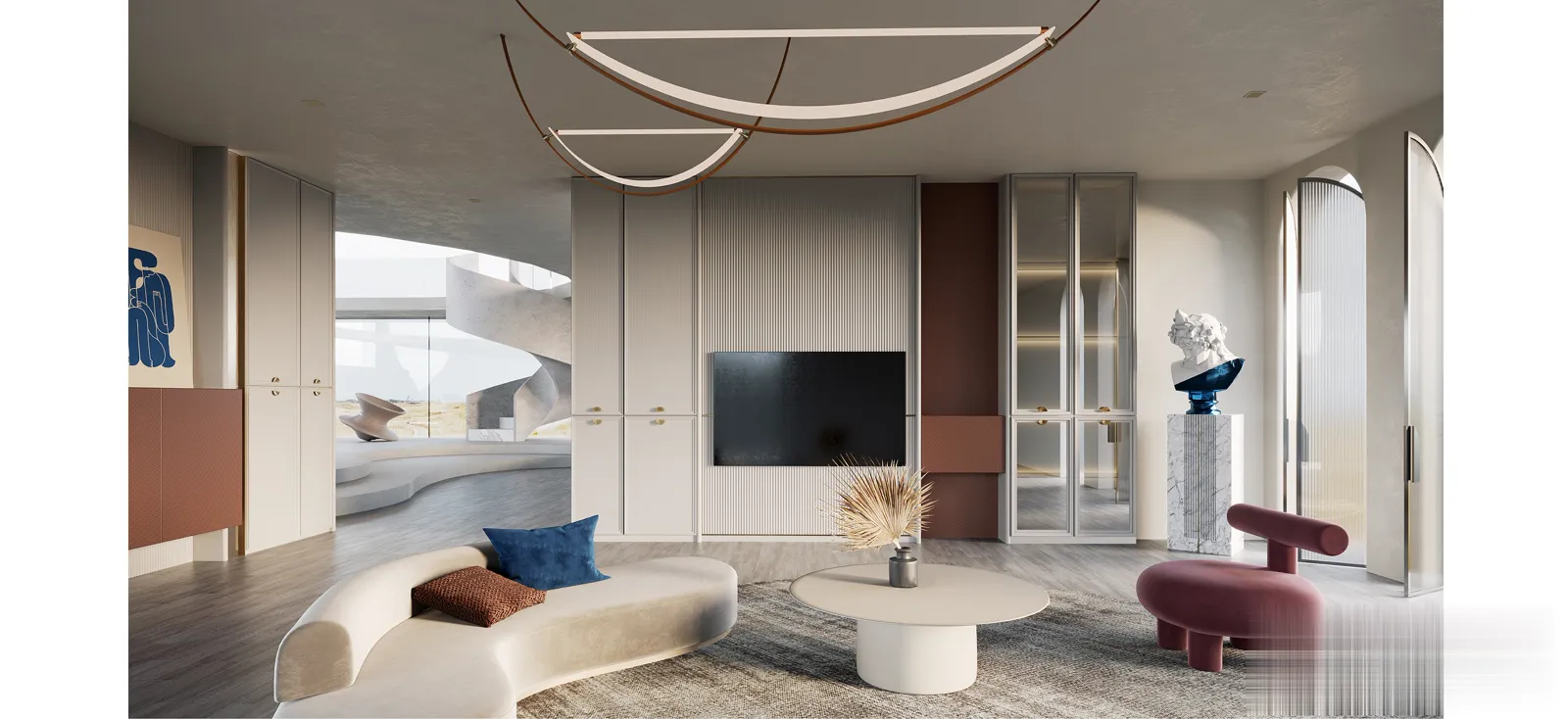 Custom living room cabinetry with glass-front display columns