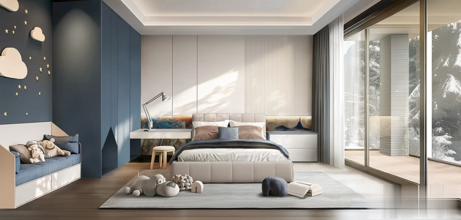 Navy and white custom cabinetry in a modern children’s bedroom
