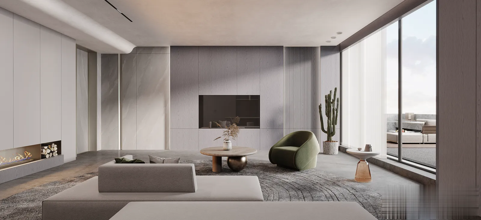 Living room feature wall with modular panels
